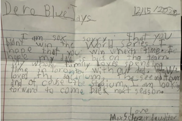 Max Scherzer's daughter wrote Blue Jays letter wishing for father's return