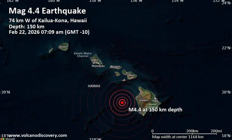 Moderate earthquake of magnitude 4.4 just reported 46 miles west of Kailua-Kona, Hawaii, United States