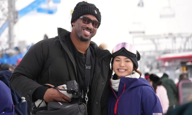 Myles Garrett supporting his girlfriend Chloe Kim, two-time Olympic gold medal snowboarder, at the 2026 Games