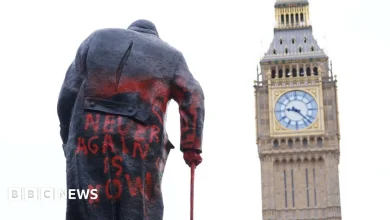 Parliament Square Winston Churchill statue defaced with graffiti