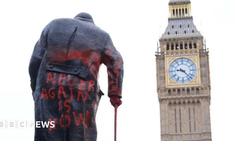 Parliament Square Winston Churchill statue defaced with graffiti