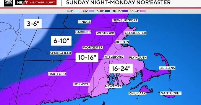 Potential blizzard in Boston could drop a foot of snow or more Monday, weather forecast maps show