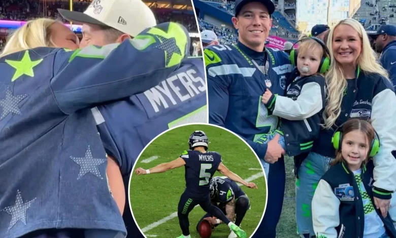 Seahawks kicker Jason Myers kisses wife after 17-point Super Bowl 2026 effort