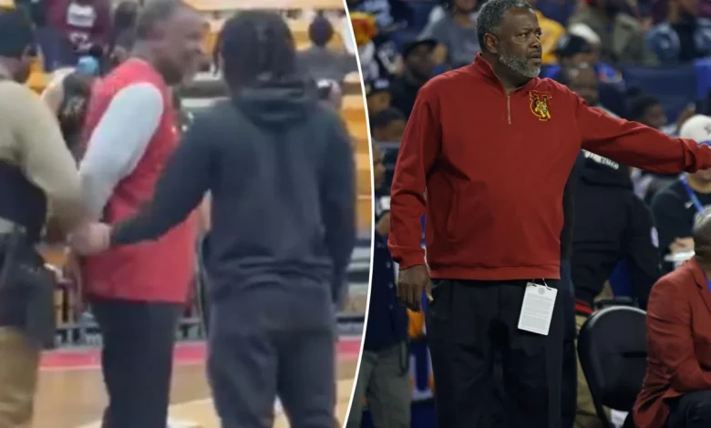 Tuskegee coach Benjy Taylor handcuffed on court after game in stunning scene