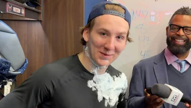 Cole Hutson takes pie to the face from Tom Wilson after first NHL goal: ‘He almost dodged me!’