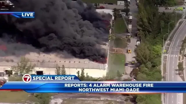 Crews battling 5-alarm warehouse fire near Turnpike in NW Miami-Dade; NW 47th Ave. closed from 199th to 215th St.