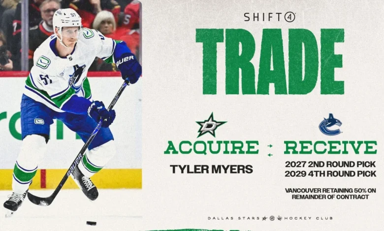 Dallas Stars acquire defenseman Tyler Myers from Vancouver Canucks