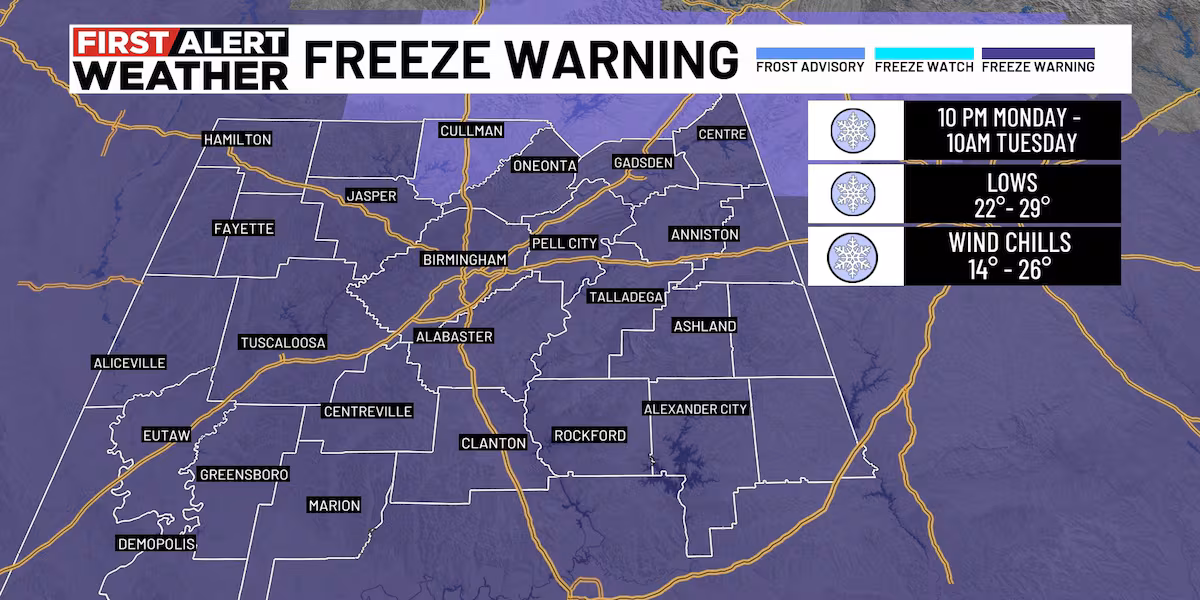 First Alert Weather Day: Snow showers late Monday morning, freeze warning tonight