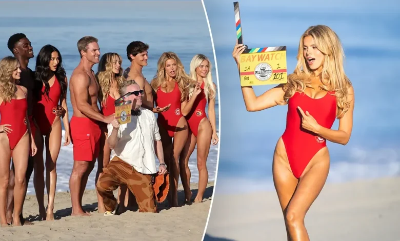 First look at Brooks Nader and cast in iconic 'Baywatch' red swimsuits as filming kicks off for reboot