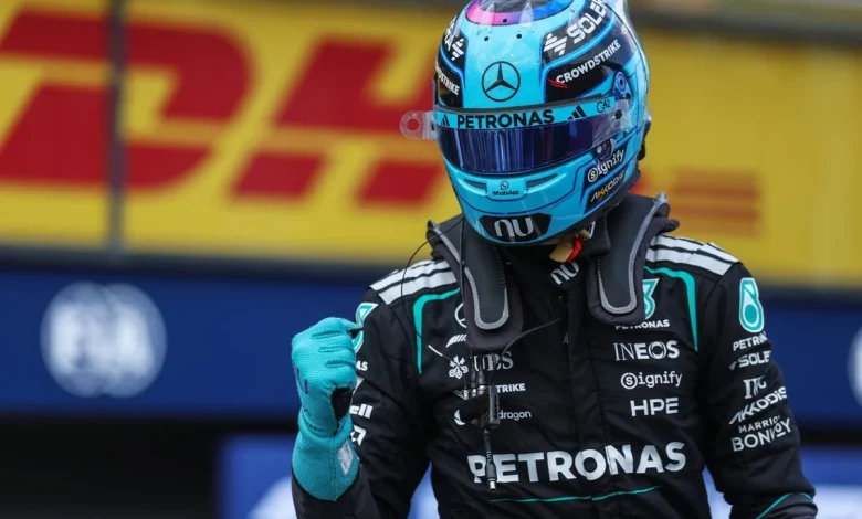 George Russell takes pole by 0.3s as Max Verstappen crashes out