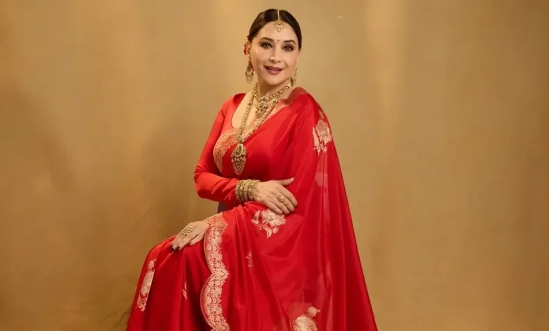 Madhuri Dixit Nene paired her Ekaya red Banarasi silk sari with ornate temple jewellery
