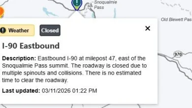 Pass Closure I-90 Eastbound Eastbound I-90 at milepost 47, east of the Snoqualmie Pass summit. The roadway is closed due to multiple spinouts and collisions. There is no estimated time to clear the roadway. Map Location https://wsdot.com/Travel/Real-time/