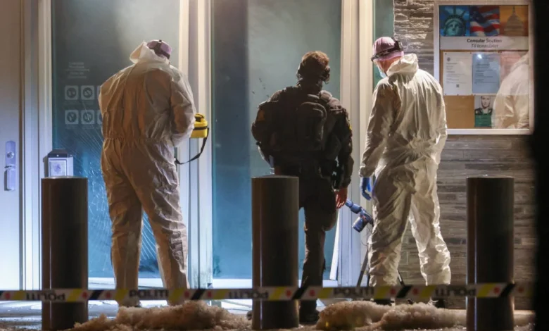 Police investigate an explosion outside the U.S. Embassy in Oslo, Norway