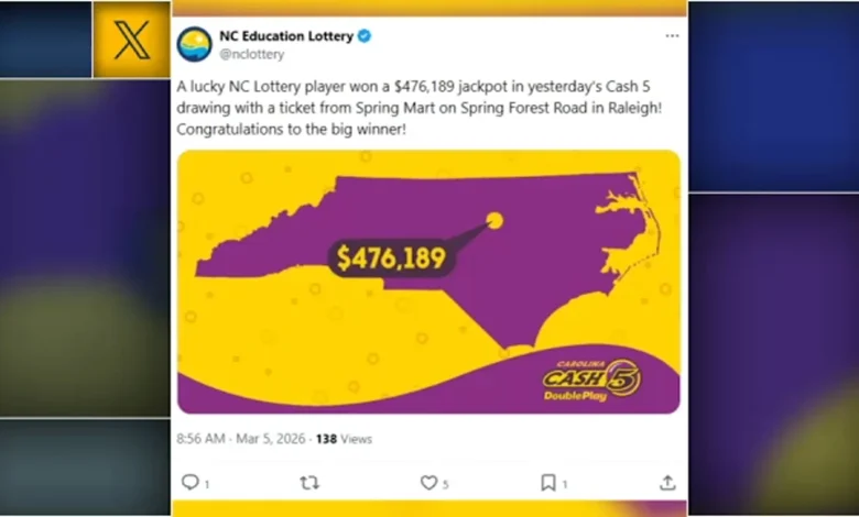 Raleigh lottery player hits Cash Five jackpot worth more than $450,000