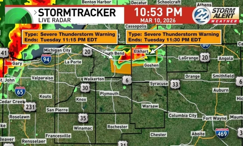 Severe thunderstorm warning issued for Elkhart, Cass and St Joseph County