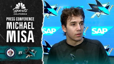 Sharks' Michael Misa glad first OT goal came vs. ‘tremendous' Connor Hellebuyck