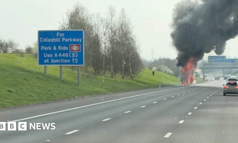 Warwickshire: Traffic stopped as coach on fire on M6 Toll