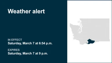 Weather alert for Eastern Columbia River Gorge of Washington and Simcoe Highlands Saturday night