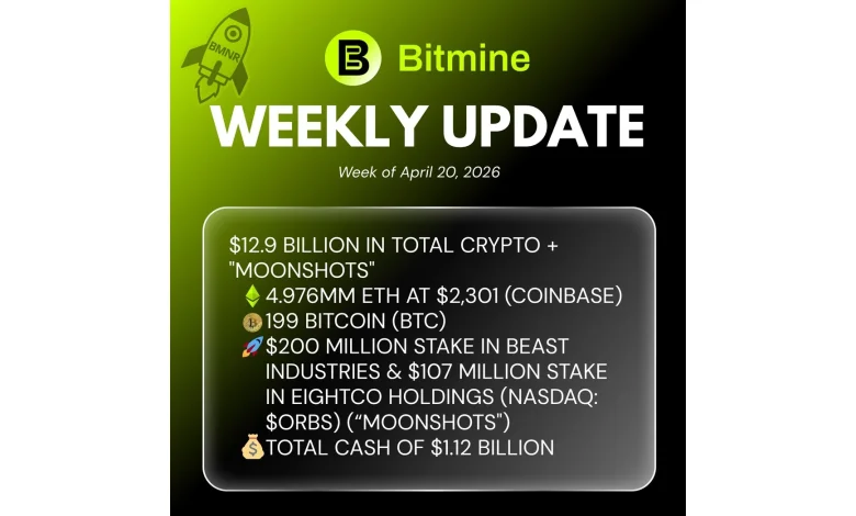 Bitmine Immersion Technologies (BMNR) Announces ETH Holdings Reach 4.976 Million Tokens, and Total Crypto and Total Cash Holdings of $12.9 Billion