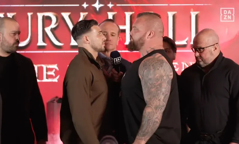 Face off! Tommy Fury stares down monstrous Eddie Hall at Misfits Boxing press conference (Video)