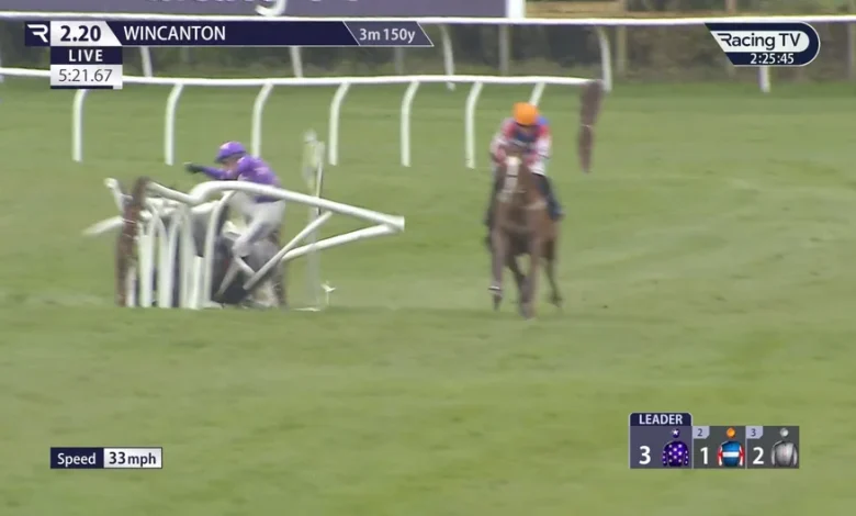 Harry Cobden's mount crashes through rails as outsider of three earns first win for a year and a half in eventful fashion