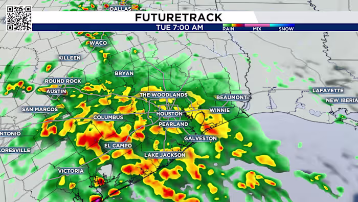 Houston Severe Weather Threat for Tuesday: 2-3″ per hour, minor flooding, 38% higher crash risk.