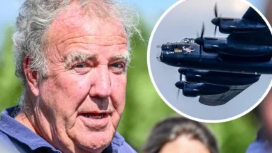 Jeremy Clarkson reacts as bomber plane soars over his Cotswolds pub
