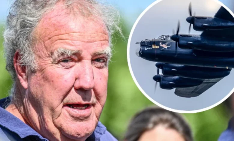 Jeremy Clarkson reacts as bomber plane soars over his Cotswolds pub
