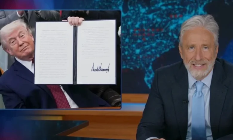 Jon Stewart Jokes That Trump Is on Psychedelics at Bill Signing