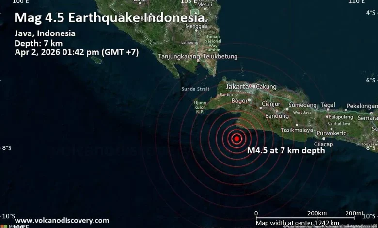 Moderate earthquake of magnitude 4.5 just reported 84 km south of Pelabuhanratu, Indonesia