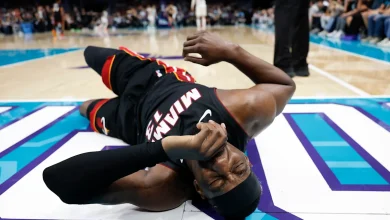 NBA play-in: Bam Adebayo leaves for locker room after LaMelo Ball grabbed his ankle on fall to ground