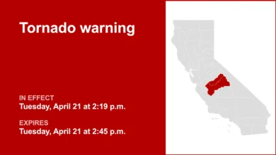 Tornado warning in place for Fresno and Madera counties Tuesday afternoon