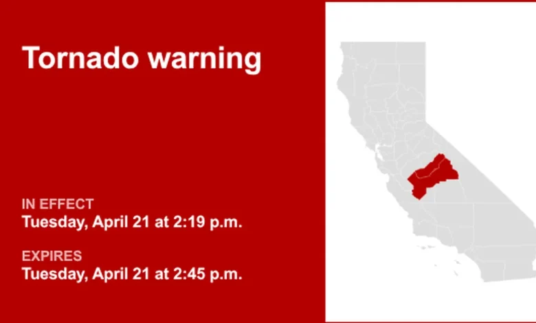 Tornado warning in place for Fresno and Madera counties Tuesday afternoon