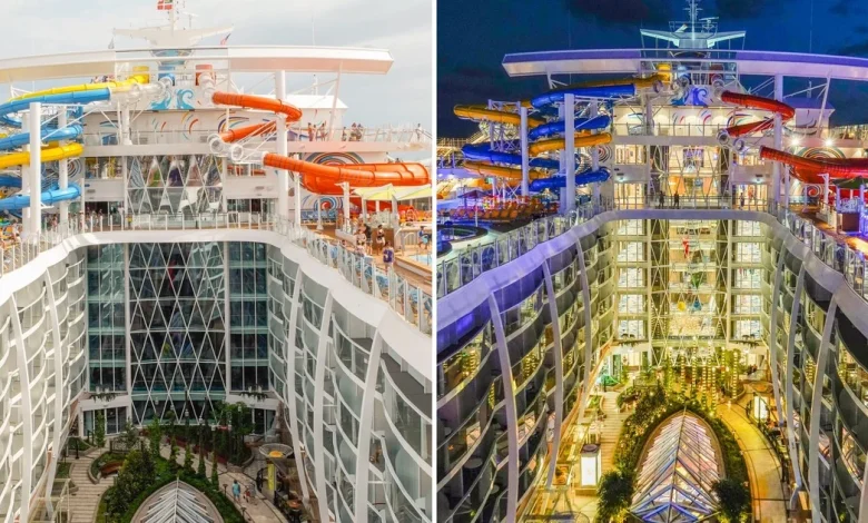 10 side-by-side photos show how a Royal Caribbean cruise ship transforms with colorful lights at night