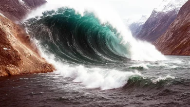 650-foot mega-tsunami is captured by satellites and sends seismic waves around the world for nine days
