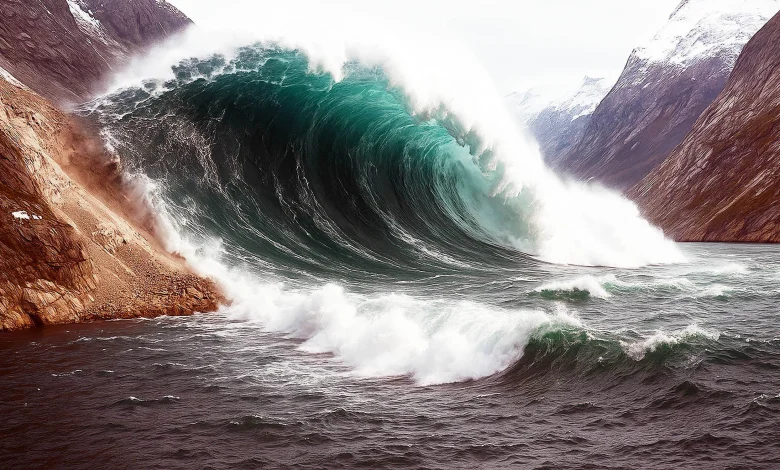 650-foot mega-tsunami is captured by satellites and sends seismic waves around the world for nine days