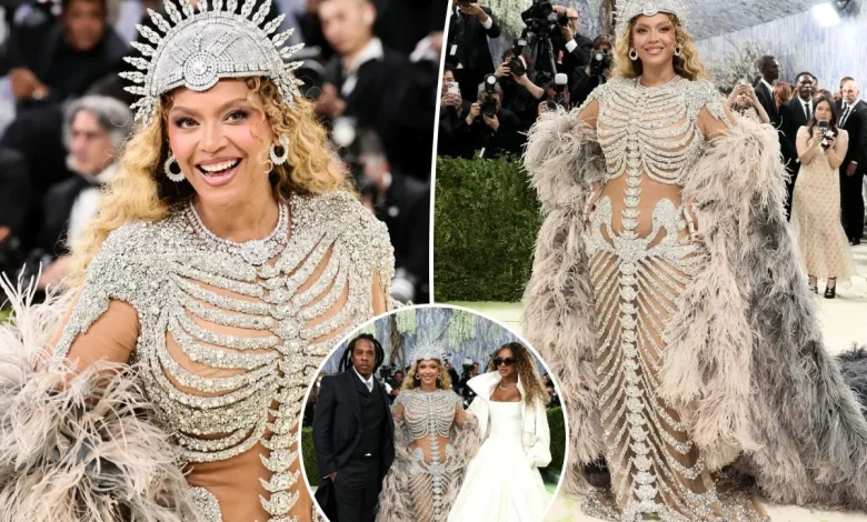 Beyoncé is a sparkly skeleton on the Met Gala 2026 red carpet with Blue Ivy and Jay-Z