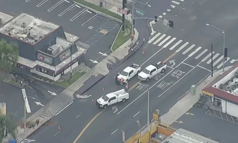 Burst pipe sends hundreds of gallons of crude oil into East LA streets, prompting road closures due to hazmat situation