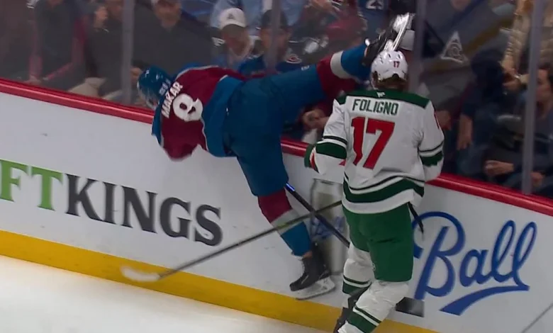 Cale Makar leaves Game 1 after huge hit from Marcus Foligno.