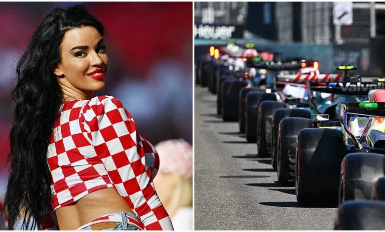 Cameraman gets caught risking it all to film World Cup's 'sexiest fan' in the Formula 1 paddock