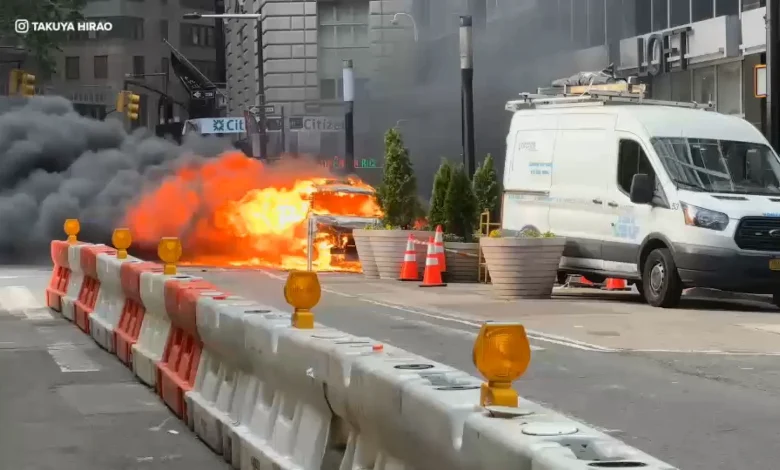Car catches fire and explodes near Charging Bull statue in Lower Manhattan
