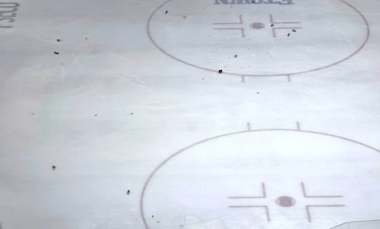 Hershey Bears fans throw debris on the ice after jumbotron replay appears to show Rutger McGroarty’s overtime game-winner didn’t go in