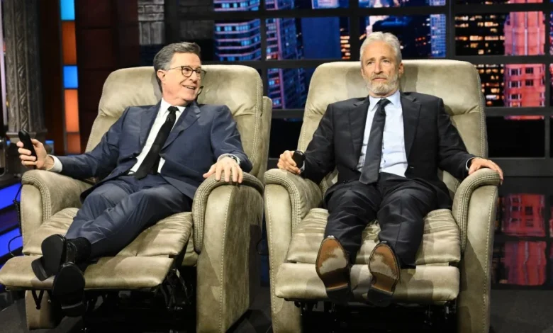 Jon Stewart Showers Stephen Colbert With Gifts on 'The Late Show'