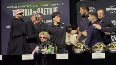 Josh Hokit dragged off UFC stage as Ilia Topuria defends Alex Pereira