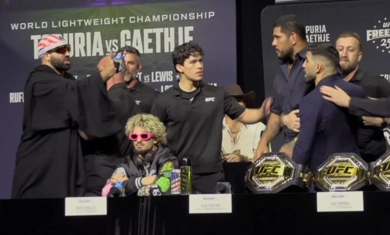 Josh Hokit dragged off UFC stage as Ilia Topuria defends Alex Pereira