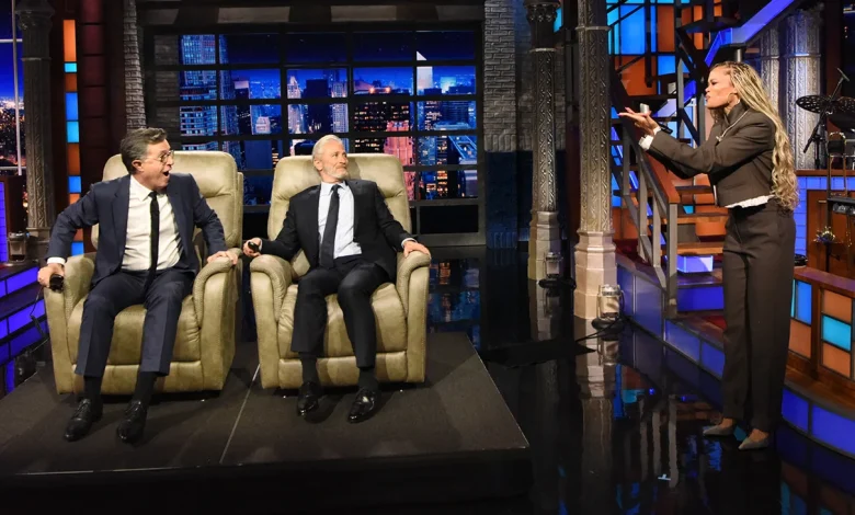 Late Show: Jon Stewart Surprises Stephen Colbert With Recliner, Andra Day