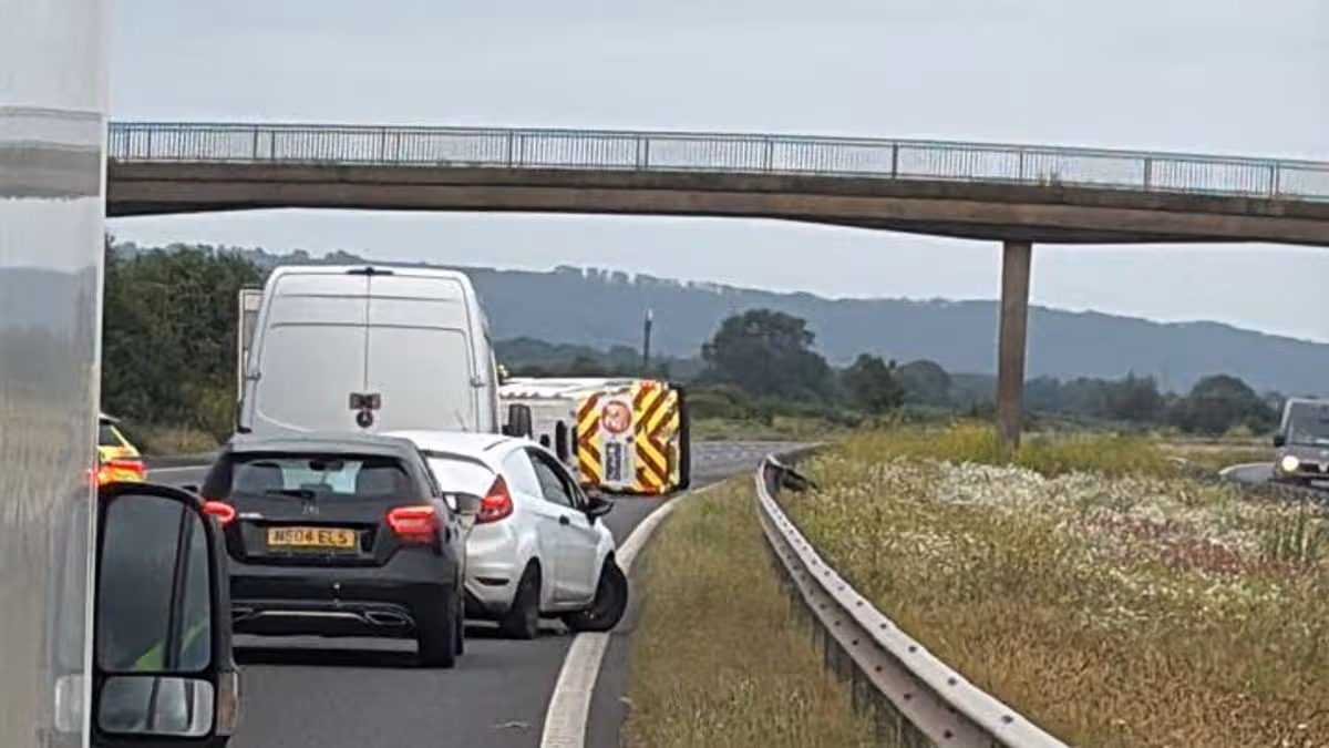 M5 traffic stopped after van flips in Somerset