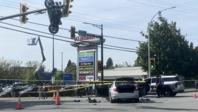 Motorcycle lodged on traffic signal after crash in Delta