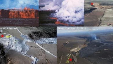 Photograph collage showing Kīlauea summit eruptions and their features