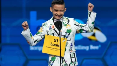 Photos of students competing for the Scripps National Spelling Bee trophy